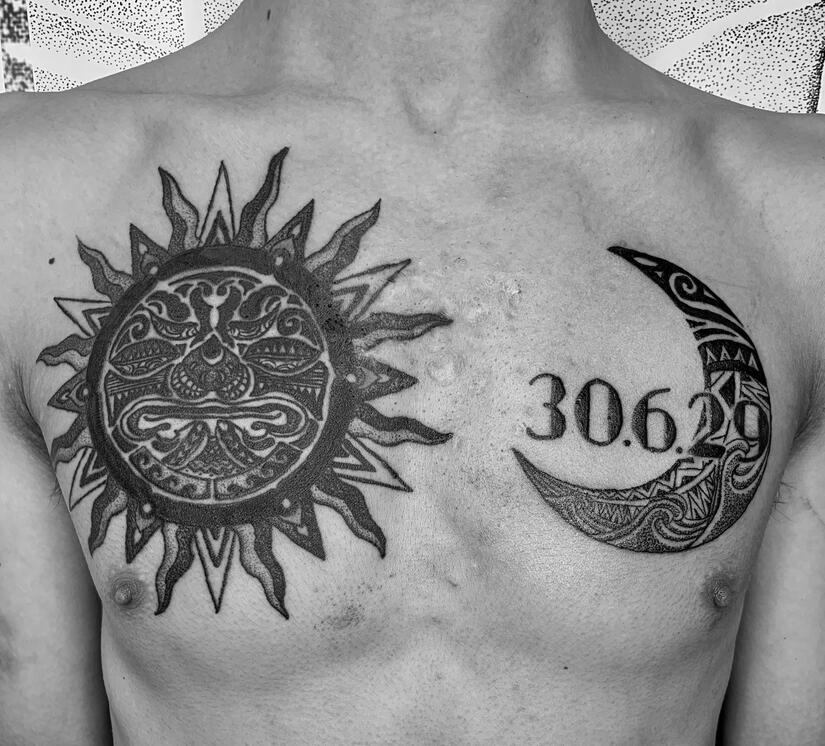 MAORI STYLE SUN AND MOON CHEST TATTOO